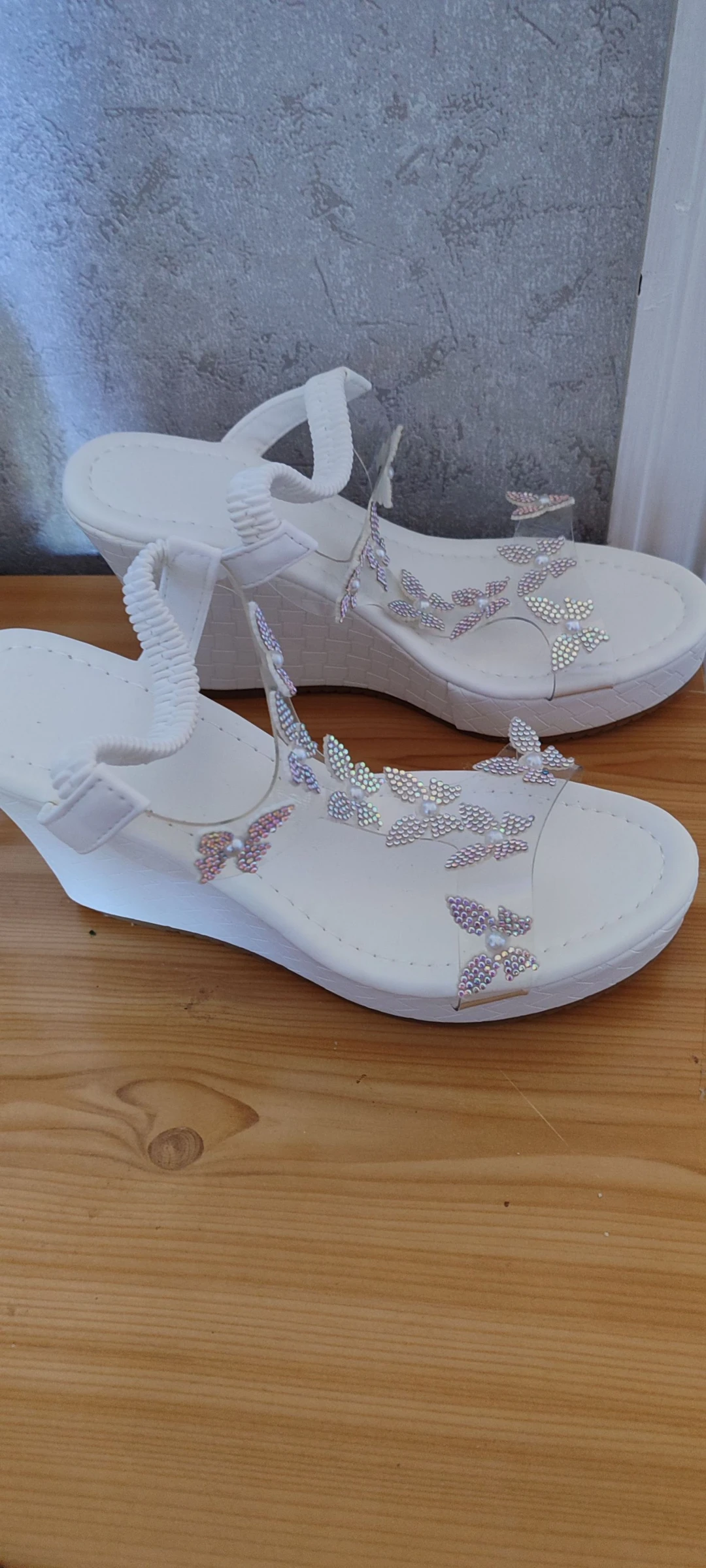 White wedge sandals/mules with heels, transparent straps, and rhinestone butterflies – photo 2